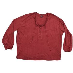 Torrid Size 2 Plus Red Rayon Blouse Preowned V Neck lace up long sleeve